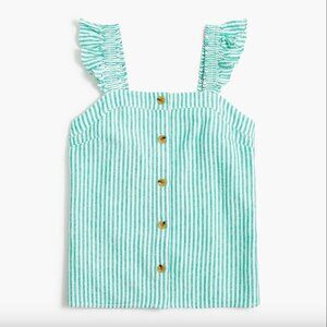 J. Crew Green Stripe Linen-blend button-front tank top with ruffle straps M